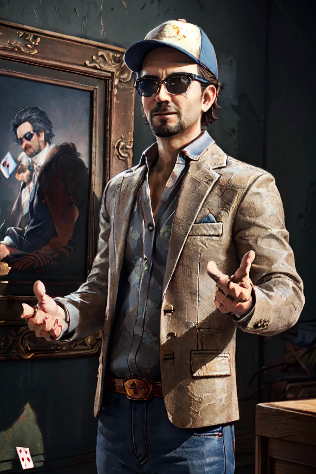 1boy,  solo,  Ace Visconti,  Dead By Dayligh,  Argentinian of Italian descent,  gambler,  grey-streaked hair,  facial hair,  sunglasses,  (cap),  damask print shirt,  classic jacket,  jeans,  mature,  manly,  masculine,  handsome,  charming,  alluring,  dashing,  smirk,  (standing),  (upper body in frame),  dark background,  fog,  dark atmosphere,  cinematic light,  perfect anatomy,  perfect proportions,  perfect perspective,  8k,  HQ,  (best quality:1.5,  hyperrealistic:1.5,  photorealistic:1.4,  madly detailed CG unity 8k wallpaper:1.5,  masterpiece:1.3,  madly detailed photo:1.2),  (hyper-realistic lifelike texture:1.4,  realistic eyes:1.2),  picture-perfect face,  perfect eye pupil,  detailed eyes,  realistic,  HD,  UHD,  portrait,  looking outside frame,  side view,  dynamic,  cinematic,  floating poker cards, best quality,<lora:EMS-269078-EMS:0.800000>