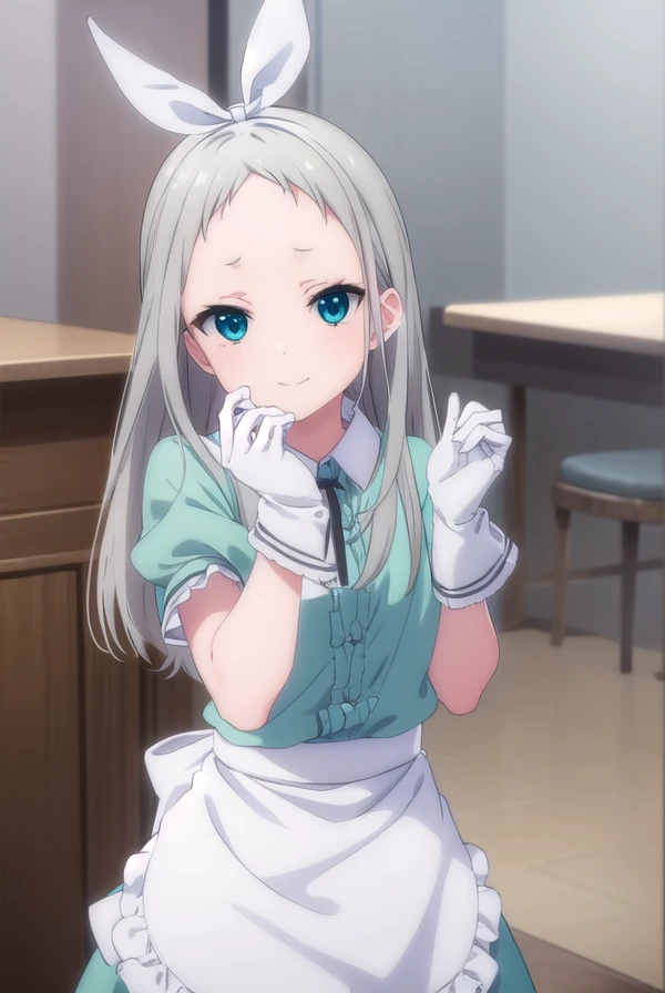 hiderikanzaki, <lora:hideri kanzaki s1-lora-nochekaiser:1>,
hideri kanzaki, long hair, bow, (green eyes:1.3), hair bow, grey hair, male focus, hairband, black hairband, otoko no ko, (forehead:1.2), smile,
BREAK gloves, dress, short sleeves, frills, puffy sleeves, white gloves, apron, puffy short sleeves, waist apron, white apron, frilled apron, waitress,
BREAK indoors, restaurant,
BREAK looking at viewer, (cowboy shot:1.5),
BREAK <lyco:GoodHands-beta2:1>, (masterpiece:1.2), best quality, high resolution, unity 8k wallpaper, (illustration:0.8), (beautiful detailed eyes:1.6), extremely detailed face, perfect lighting, extremely detailed CG, (perfect hands, perfect anatomy),