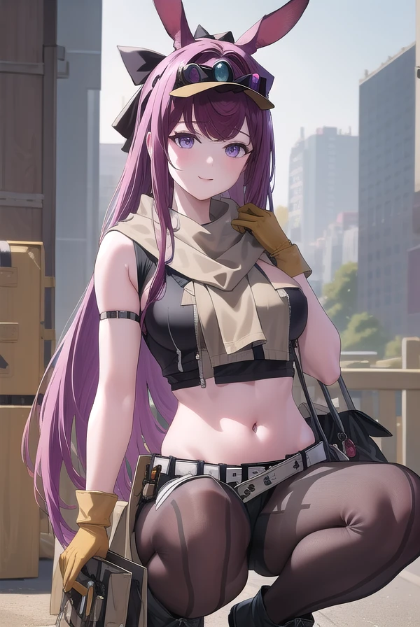 ((masterpiece)),(best quality),official art,extremely detailed CG,unity 8k wallpaper,ultra detailed,beautiful detailed eyes,extremely detailed face,1girl,solo,upper body,looking at viewer,smile,ray (arknights),official alternate costume,animal ears,rabbit ears,visor cap,goggles on head,very long hair,purple hair,hair intakes,bangs,purple eyes,grey scarf,crop top,midriff,short sleeves,large breasts,brown gloves,navel,groin,white belt,black shorts,black pantyhose,bag,black footwear,boots,<lora:ray(ark):1>,