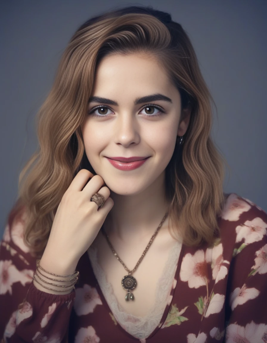 KiernanShipka,<lora:KiernanShipkaSDXL:1>, a Realistic photo of woman, 1girl, solo, long hair, looking at viewer, smile, brown hair, brown eyes, jewelry, upper body, earrings, necklace, mole, lips, traditional media, floral print, realistic, professional Photography, Photorealistic, detailed eyes, RAW, analog, sharp focus, 8k, HD, DSLR, high quality, Fujifilm XT3, film grain, award winning, masterpiece