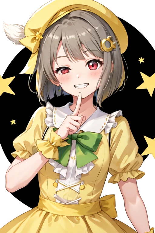 best quality, masterpiece, highres, solo, {nakasu_kasumi_loveliveschoolidolfestivalallstars:1.15}, short_hair, bangs, red_eyes, brown_hair, blush, smile, bob_cut, hair_ornament, bow, asymmetrical_hair, grey_hair, 1girl, crescent, crescent_hair_ornament, grin, hat, looking_at_viewer, star_\(symbol\), white_background, yellow_headwear, green_bow, puffy_short_sleeves, shirt, short_sleeves, simple_background, star_hair_ornament, wrist_cuffs, frilled_sleeves, frills, puffy_sleeves, upper_body, white_shirt, beret, dress, finger_to_cheek, one_eye_closed, pointing_at_self, yellow_dress