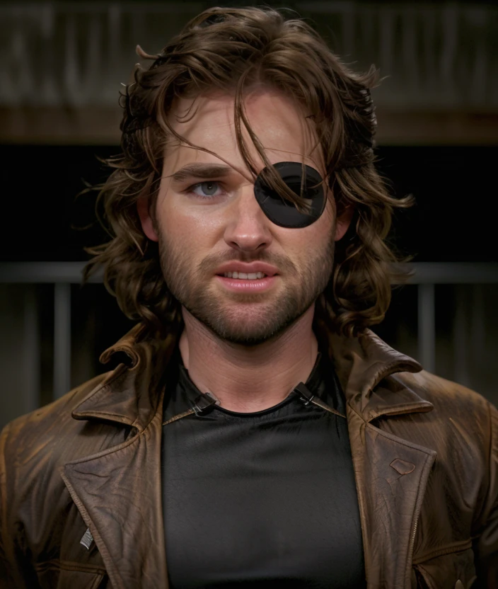 s8n1k, brown hair, shirt, black hair, jacket, upper body, male focus, teeth, facial hair, eyepatch, realistic, leather, Right eye bandage