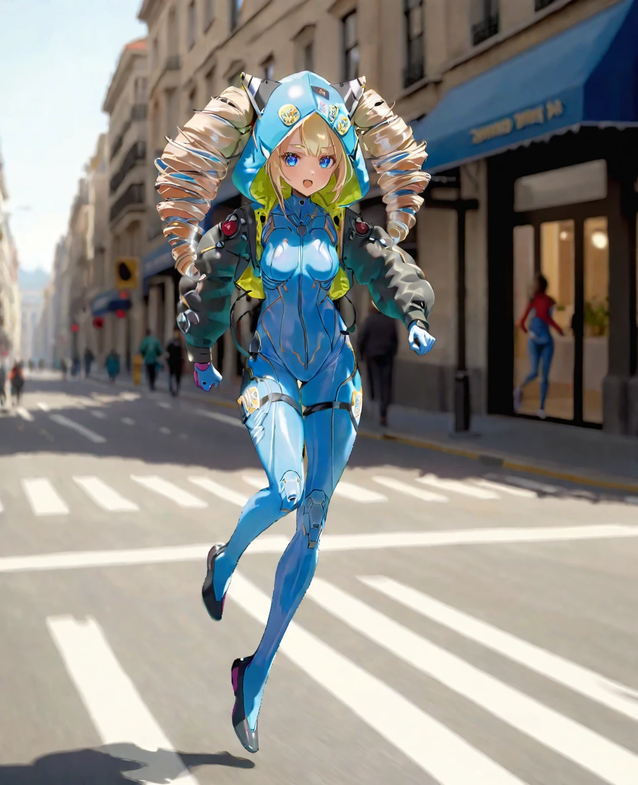 (1girl:1.2),(solo:1.2),masterpiece,best quality,highly detailed,best quality,photo realistic,depth of field,highres,extremely detailed wallpaper,third-party edit,queenly expression,<lora:ShiroLoraXL:1>,extremely detailed light blue bodysuit,golden twin drills,hood,running on street,full body,