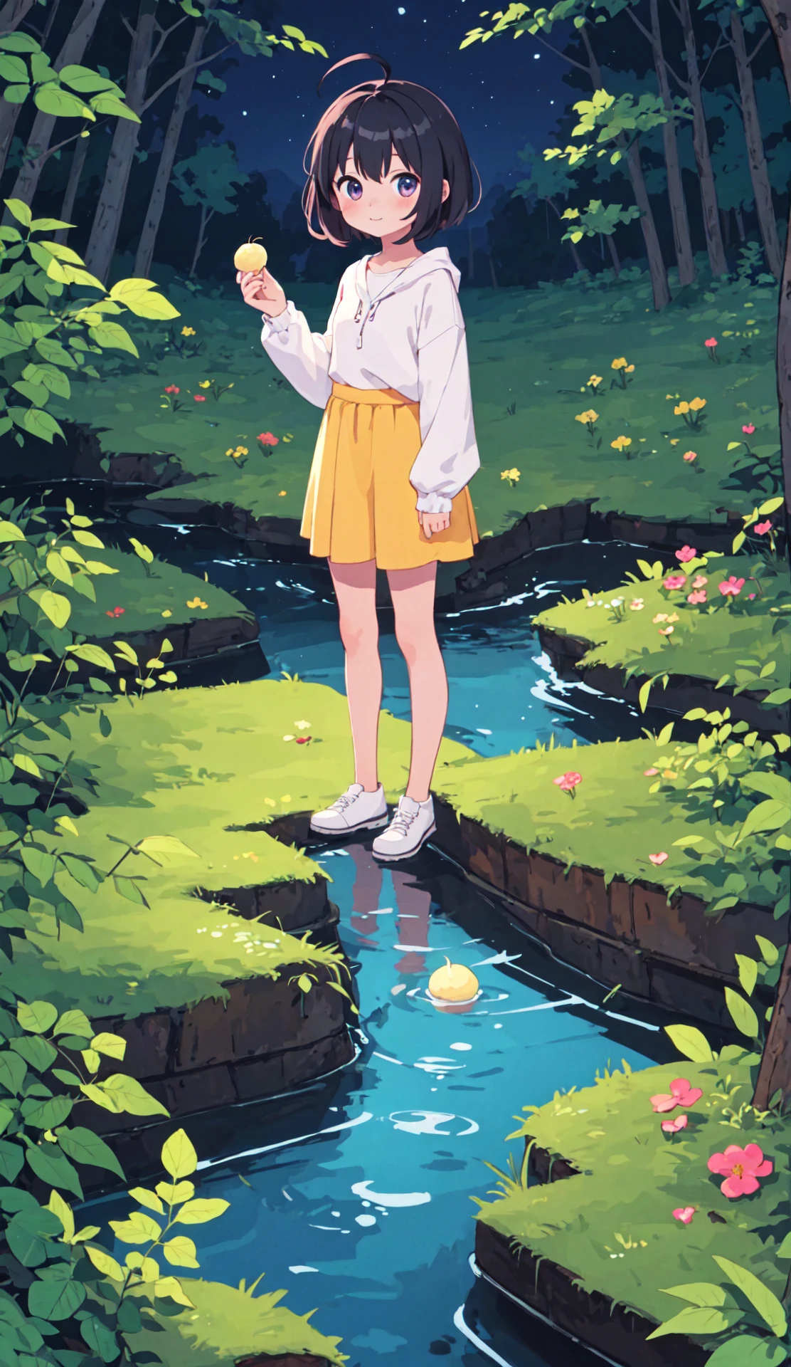 (masterpiece,best quality,highres,colorful),1girl,solo,(night,food,nature,forest,stream),short hair,ahoge,looking at viewer