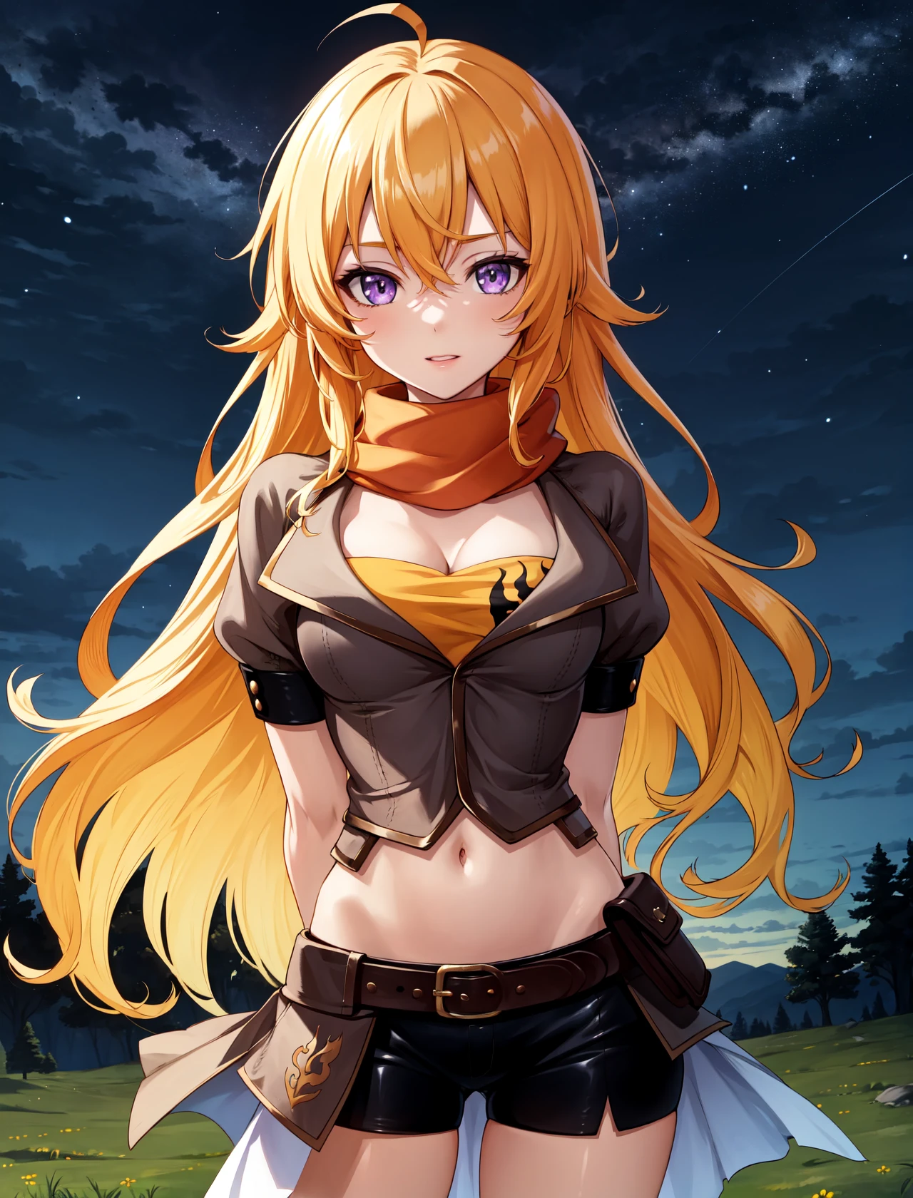 masterpiece, best quality, highres,
XiaoDef, 1girl, solo, purple eyes, blonde hair, long hair, wavy hair, very long hair, hair between eyes, breasts, bangs, large breasts, medium breasts,
thighhighs, navel, cleavage, jacket, ahoge, short sleeves, shorts, midriff, puffy sleeves, belt, stomach, scarf, puffy short sleeves, short shorts, black shorts, bike shorts, buckle, asymmetrical legwear, brown jacket, belt buckle, brown belt, waist cape, orange scarf, orange thighhighs,
cowboy shot, looking at viewer, arms behind back, outdoors, forest, field, night, sky, night sky, starry sky, <lora:LoRA_Xiao:1>