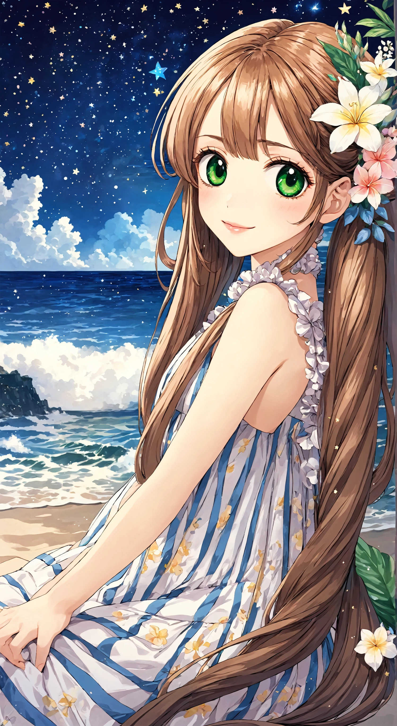 (masterpiece:1.2,  best quality),  (finely detailed beautiful eyes: 1.2),  sugar_rune,  :),  bangs,  (cowboy shot),  feet out of frame,  very long hair,  (green eyes),  (low twintails:1.3),  (beautiful detailed face),  high contrast,  (best illumination,  extremely delicate and beautiful),  (summer dress),  floral pattern,  tropical,  summer, beach,  ocean,  splash,  frills, striped,  (half updo),  full lips,  smile,  wavy hair,  1girl,  (victorian),  bloom,  looking at viewer,  parted lips,  hair flower,  night,  starry sky,  (deep depth of field),  85mm,  hyperrealistic,  film grain,  colorful,<lora:EMS-85813-EMS:0.500000>