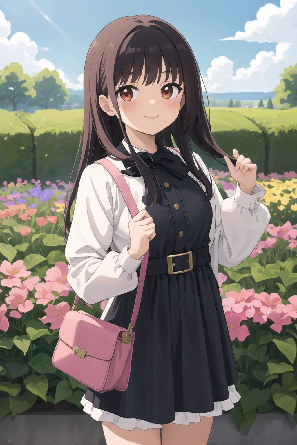 masterpiece, best quality, 1girl, looking at viewer, spring \(season\), flower, garden, smile,