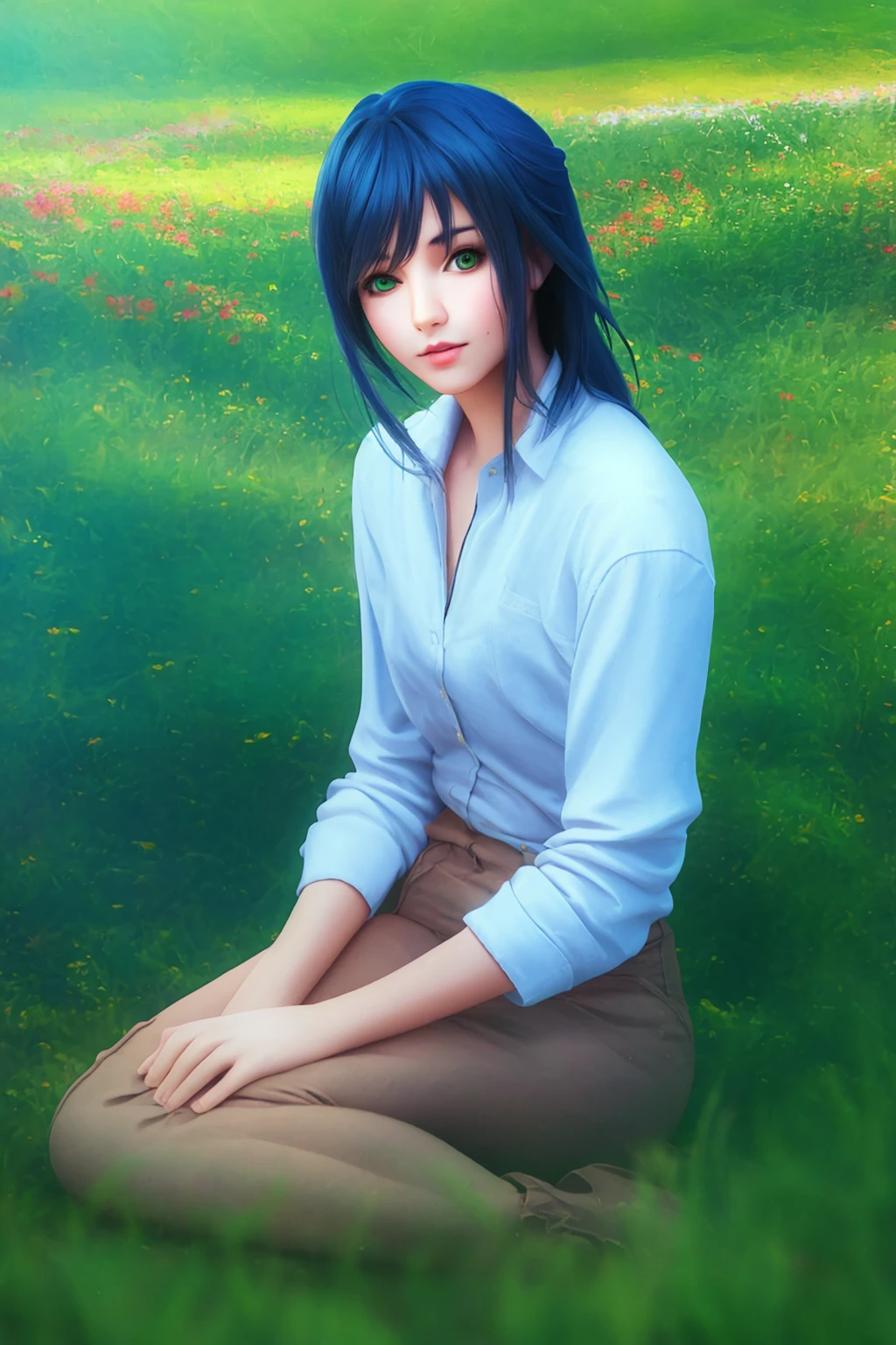 1girl, blue hair, green eyes, sitting on ground, flower field, realstic:1.3, realistic photo