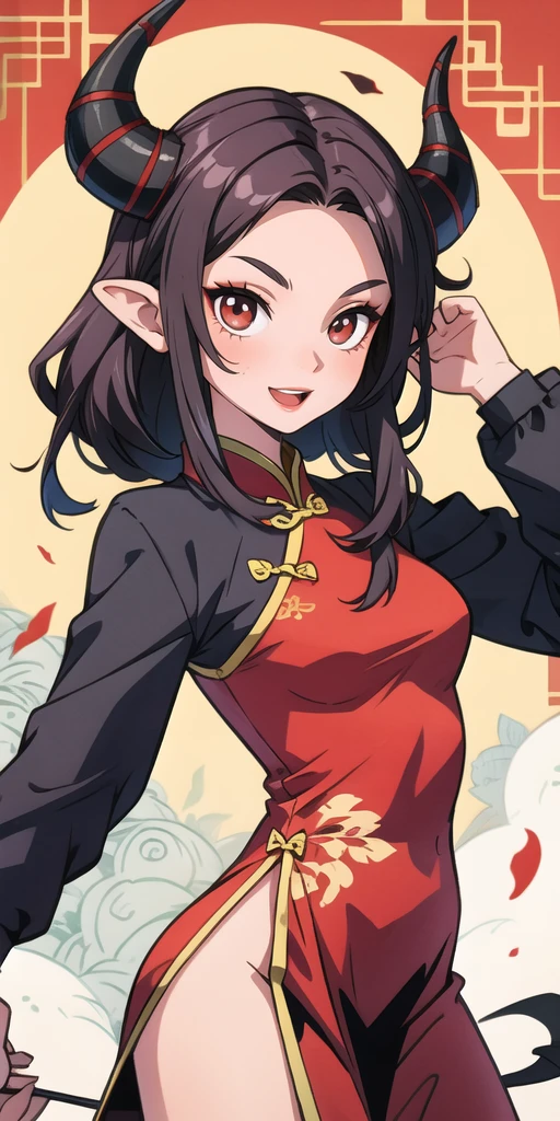 1girl, oni, demon horns, cheongsam, china dress