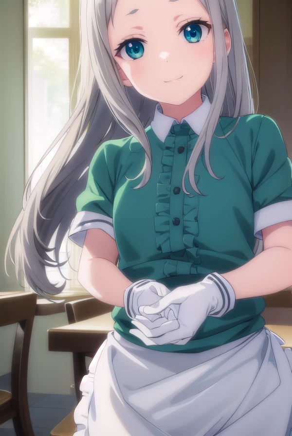 hiderikanzaki, <lora:hideri kanzaki s1-lora-nochekaiser:1>,
hideri kanzaki, long hair, bow, (green eyes:1.3), hair bow, grey hair, male focus, hairband, black hairband, otoko no ko, (forehead:1.2), smile,
BREAK gloves, dress, short sleeves, frills, puffy sleeves, white gloves, apron, puffy short sleeves, waist apron, white apron, frilled apron, waitress,
BREAK indoors, restaurant,
BREAK looking at viewer, (cowboy shot:1.5),
BREAK <lyco:GoodHands-beta2:1>, (masterpiece:1.2), best quality, high resolution, unity 8k wallpaper, (illustration:0.8), (beautiful detailed eyes:1.6), extremely detailed face, perfect lighting, extremely detailed CG, (perfect hands, perfect anatomy),