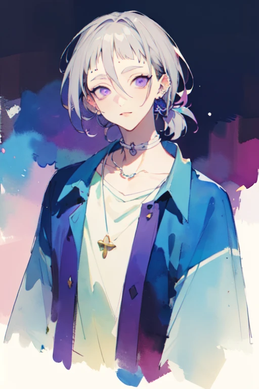 (best quality:1.1), (masterpiece:1.4), sketch, looking at viewer, upper body, depth of field, (watercolor illustration, soft pastel colors:1.1), , 1boy, solo, male focus, <lora:ryuu_natsume:0.84>, ryuu_natsume, grey hair, purple eyes, , cowboy costume, Oz: A land of enchantment, where anything is possible,