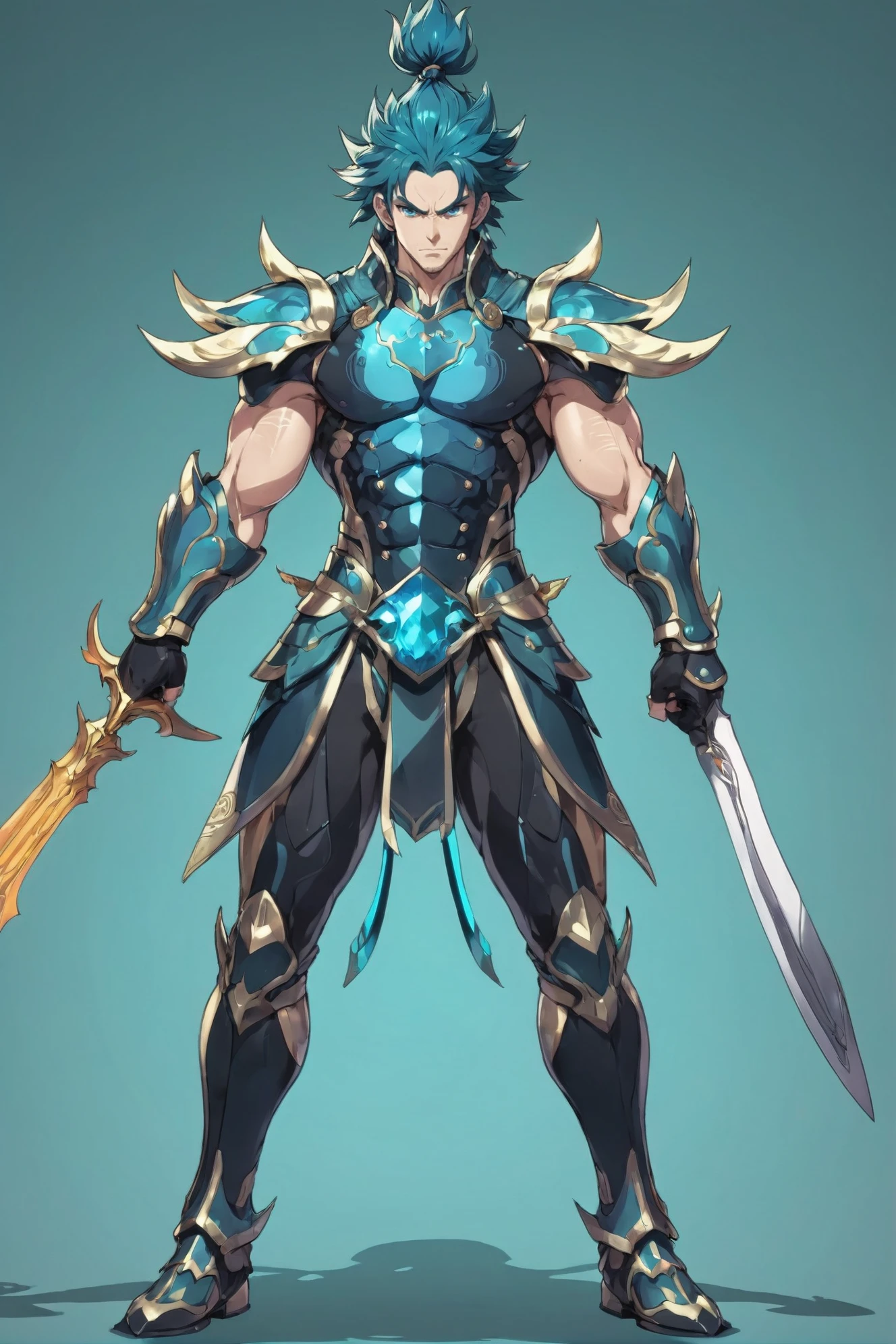 cel shading, (full body:1.2), 1boy, man, handsome, solo, [:fantastical costume design,:0.2] warrior, japanese, dark cyan hair, (muscular:1) build