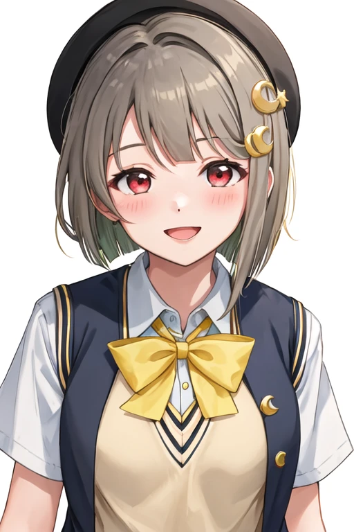 best quality, masterpiece, highres, solo, {nakasu_kasumi_loveliveschoolidolfestivalallstars:1.15}, short_hair, bangs, red_eyes, brown_hair, blush, smile, bob_cut, hair_ornament, bow, asymmetrical_hair, grey_hair, 1girl, collared_shirt, crescent, crescent_hair_ornament, looking_at_viewer, nijigasaki_academy_school_uniform, ribbon, school_uniform, shirt, yellow_ribbon, neck_ribbon, upper_body, white_background, blue_shirt, hairclip, simple_background, summer_uniform, yellow_bowtie, sweater_vest, yellow_bow, open_mouth, short_sleeves, vest