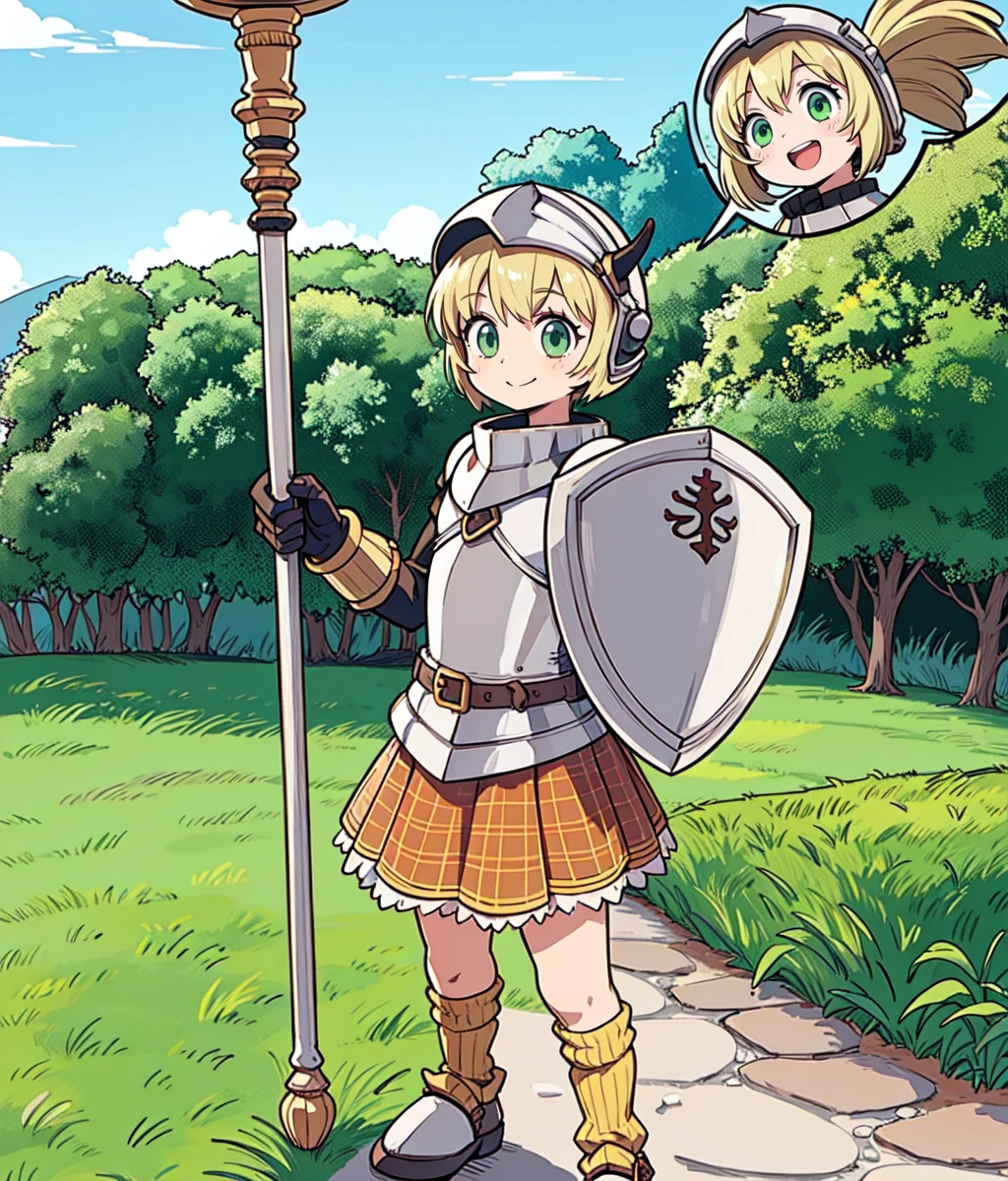anime screencap, masterpiece, best quality, detailed face, detailed eyes, 1girl, solo, blonde hair, green eyes, horn plume, short hair, helmet, armor, skirt, full body, smile, cowboy shot, standing, halberd, castle, garden, outdoors <lora:Cecile:0.9>