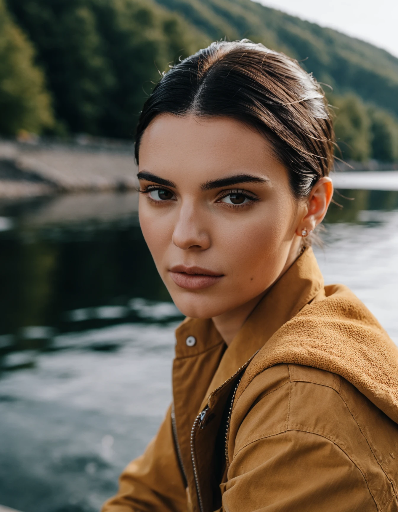 cinematic photo professional fashion close-up portrait photography of a beautiful (((ohwx woman))) at dam during the day, Nikon Z9  <lora:kendalljenner_dh128_v1d:1> . 35mm photograph, film, bokeh, professional, 4k, highly detailed