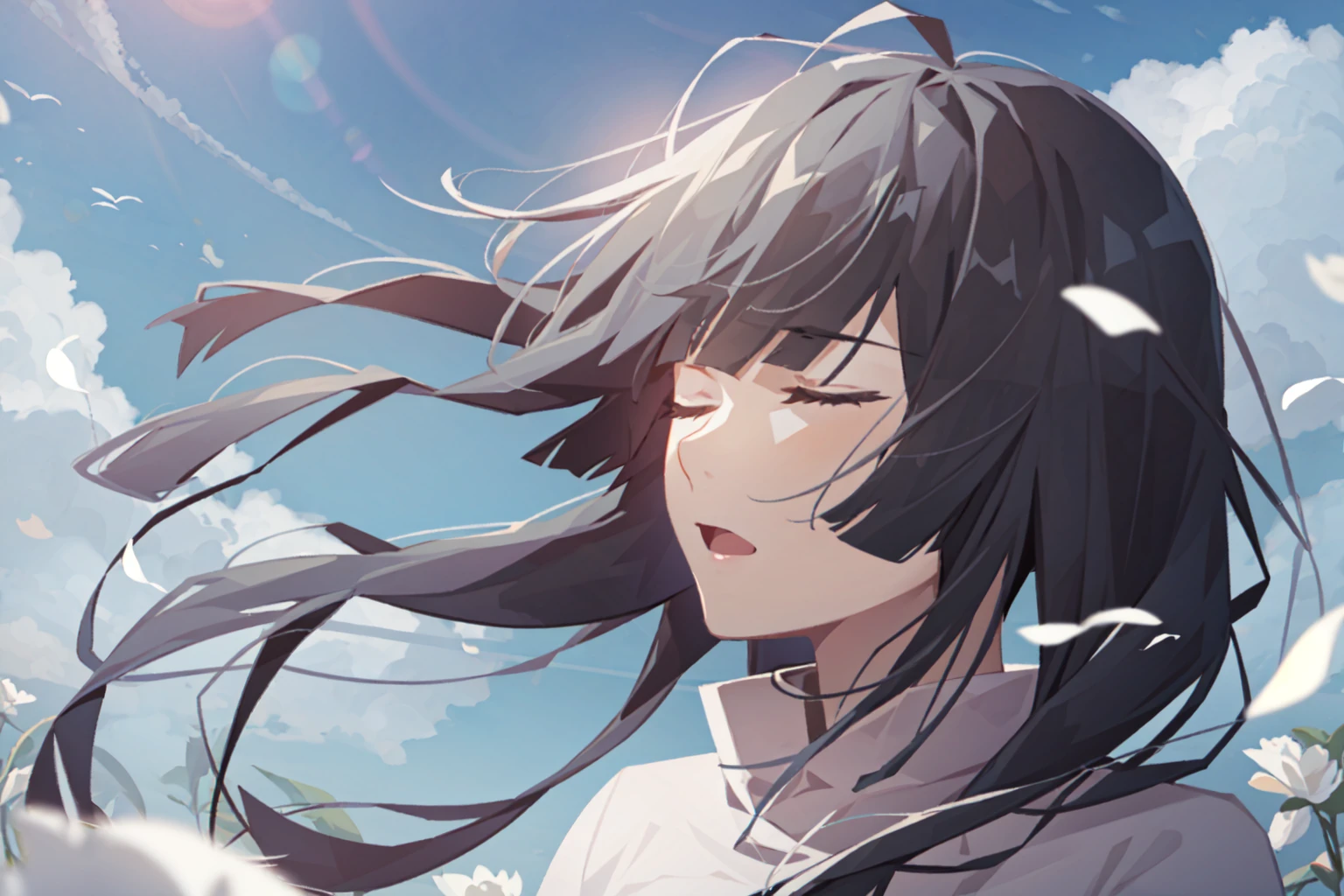 masterpiece,best quality, solo, eda, 1girl, grey eyes, bangs, closed eyes, black hair, <lora:Eda_24_Jan18-000040:0.6>,upper body, white flower,sing, blue sky, cloud,