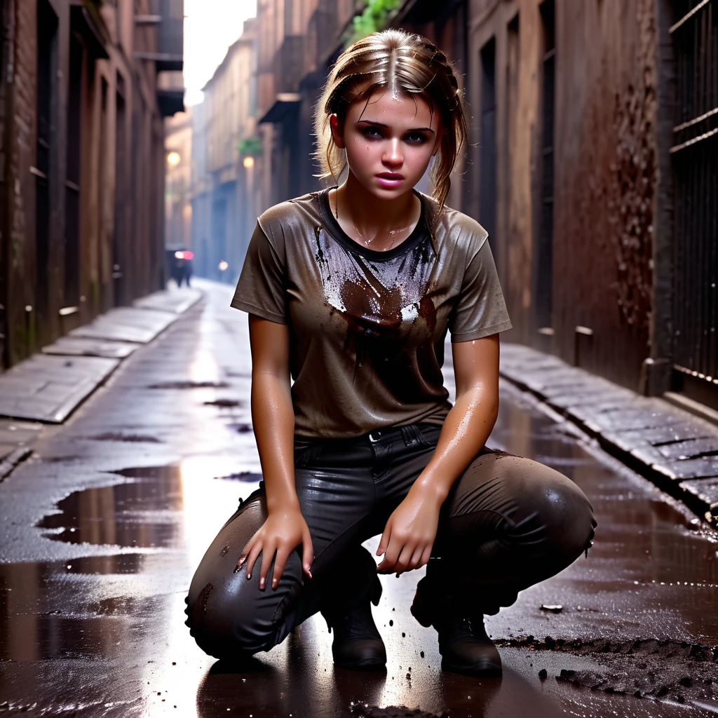 very wet teen Anora Ubelle sitting and wearing torn dirt shirt and pants, very sweaty and wet style, begging pose, dirty alleyway background, raw, masterpiece, zoomed out:-.80, ultra best picture, ultra intricate creative detail, hyper realistic detail, ultra hyper photo realism, hyper immersive visuals, 1080p, HD, VFX, SFX, FKAA, TXAA, RTX, SSAO