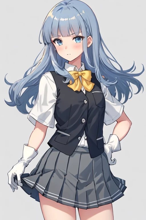 best quality, masterpiece, highres, solo, {hatsukaze_kantaicollection:1.15}, long_hair, blue_hair, blue_eyes, bangs, blunt_bangs, vest, blush, 1girl, bow, gloves, hime_cut, one-hour_drawing_challenge, pleated_skirt, school_uniform, shirt, skirt, white_background, white_gloves, white_shirt, yellow_bow, yellow_bowtie, black_skirt, black_vest, bowtie, cowboy_shot, dress_shirt, grey_skirt, grey_vest, looking_at_viewer, simple_background, twitter_username, ascot, dated