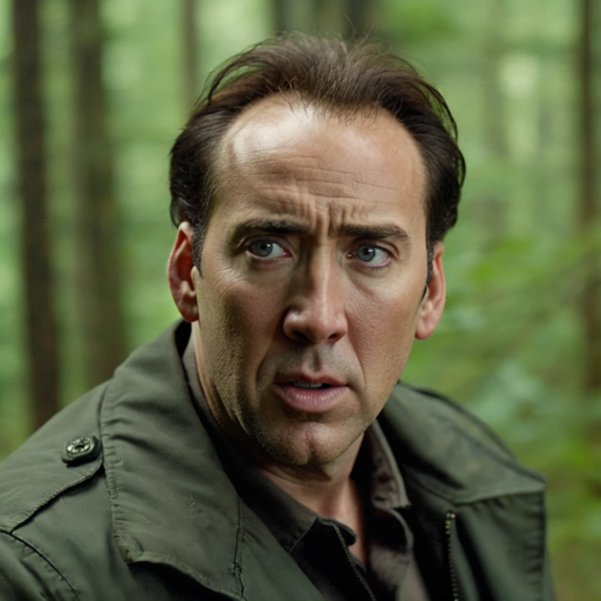 <lora:Nick Cage - SDXL - Trigger w Nickcage Person:1> A scene from a new film starring nickcage person. The scene takes place in a forest and involves nickcage person battling a monster. the style is fantasy, epic realism, low shot, volumetric lighting.