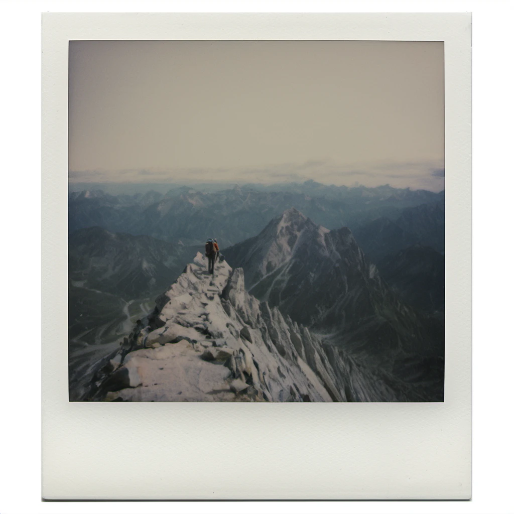 polaroid of A lone hiker reaching the peak of a mountain, taking in the panoramic view.  <lora:Polaroid_XL:1>