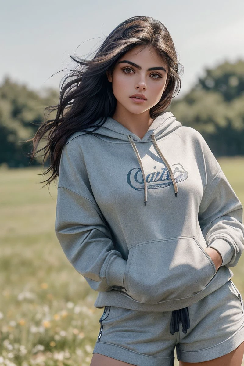 photo of S294_SaraOrrego,a stylish woman,on a (field:1.1),wearing a (hoodie:1.1) and (shorts),(4k, RAW photo, best quality, depth of field, ultra high res:1.1),(absurdres, intricate, photorealistic, masterpiece, ultra-detailed:1.1),