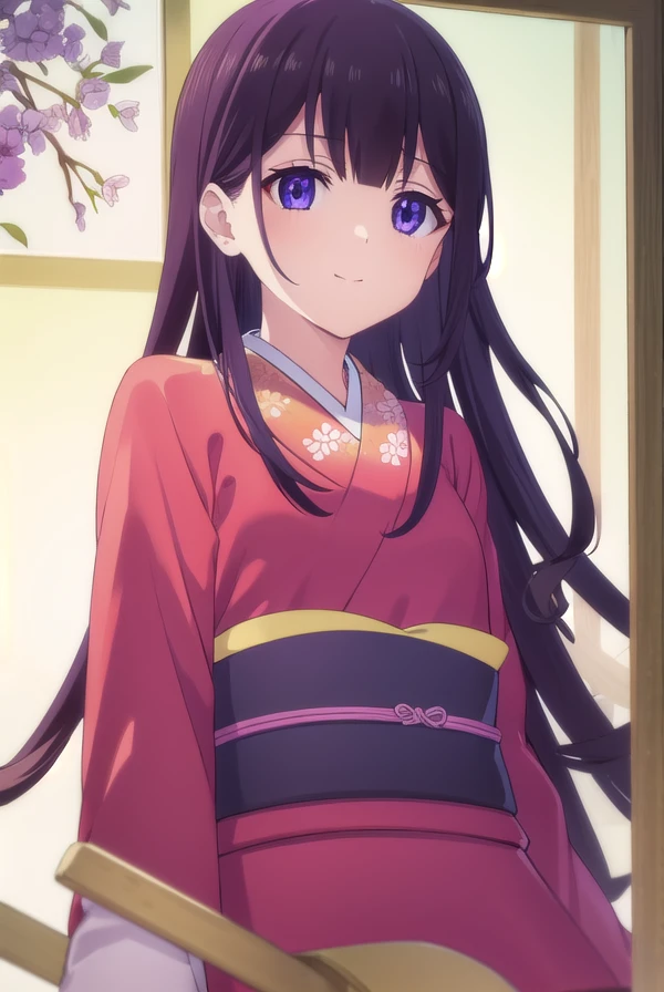 aikasakuranomiya, <lora:aika sakuranomiya s1-lora-nochekaiser:1>,
aika sakuranomiya, long hair, bangs, purple hair, (purple eyes:1.1), blunt bangs, smile,
BREAK japanese clothes, kimono, sash, obi, red kimono,
BREAK indoors,
BREAK looking at viewer, (cowboy shot:1.5),
BREAK <lyco:GoodHands-beta2:1>, (masterpiece:1.2), best quality, high resolution, unity 8k wallpaper, (illustration:0.8), (beautiful detailed eyes:1.6), extremely detailed face, perfect lighting, extremely detailed CG, (perfect hands, perfect anatomy),