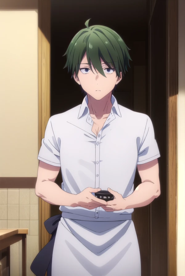 kouyouakizuki, <lora:kouyou akizuki s1-lora-nochekaiser:1>,
kouyou akizuki, ahoge, male focus, green hair, (black eyes:1.5),
BREAK shirt, apron, waist apron, waiter, shirt, white shirt, collared shirt,
BREAK indoors, restaurant,
BREAK looking at viewer, (cowboy shot:1.5),
BREAK <lyco:GoodHands-beta2:1>, (masterpiece:1.2), best quality, high resolution, unity 8k wallpaper, (illustration:0.8), (beautiful detailed eyes:1.6), extremely detailed face, perfect lighting, extremely detailed CG, (perfect hands, perfect anatomy),