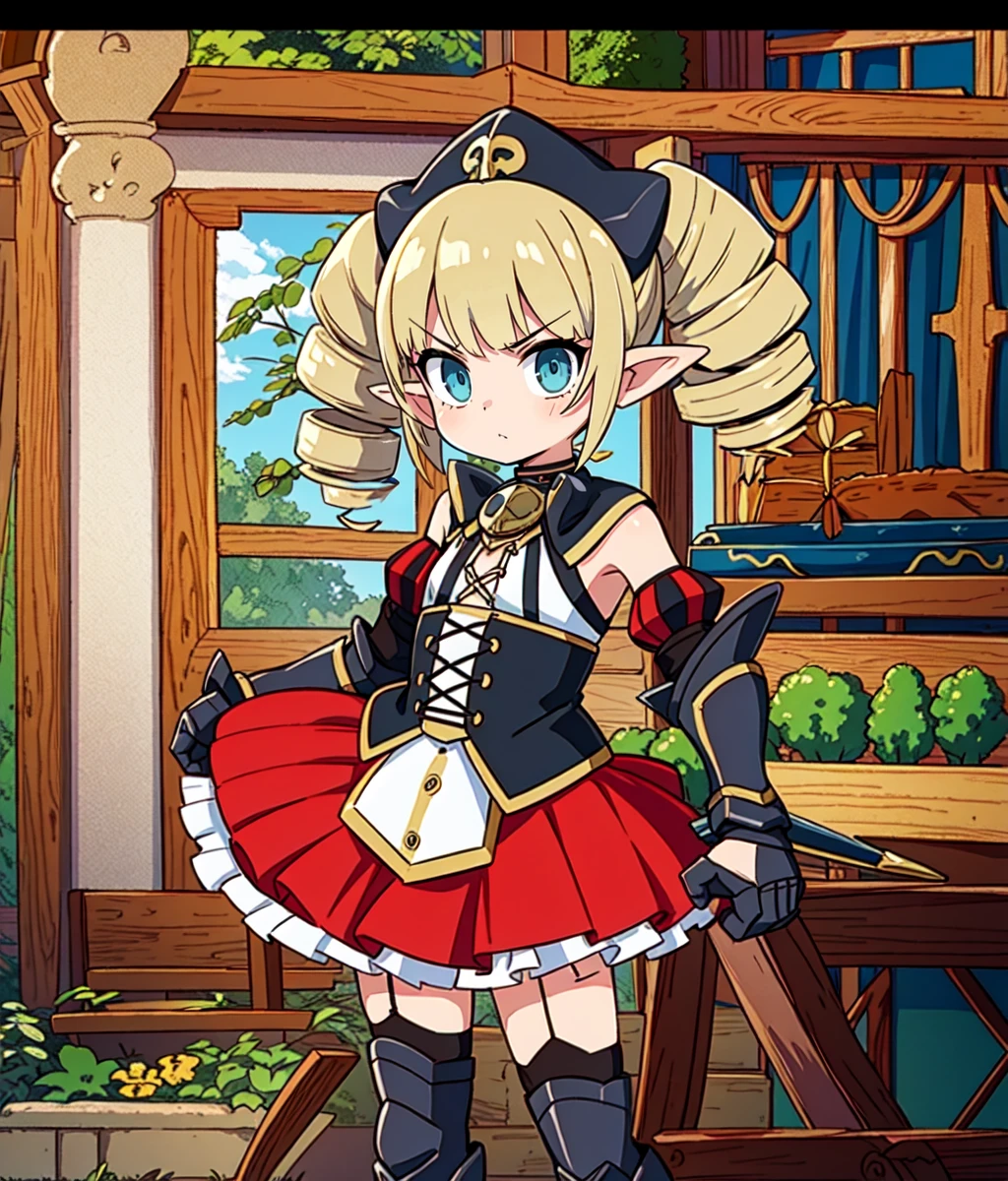 masterpiece, hig res, best quality, detailed face, detailed eyes, 1girl, aqua eyes, blonde, twintails, pointy ears, drill tails, angry, touching her clothes, black dress, hat, white shirt, ((white blouse, really long red skirt)), anime screencap, asterpiece, small breasts, red shirt, boots, standing, full body, twintails, ribbon, (gauntlet), ((blacksmith workshop)), detailed background, full body, cowboy shot   <lora:YmirRebellion:0.8>