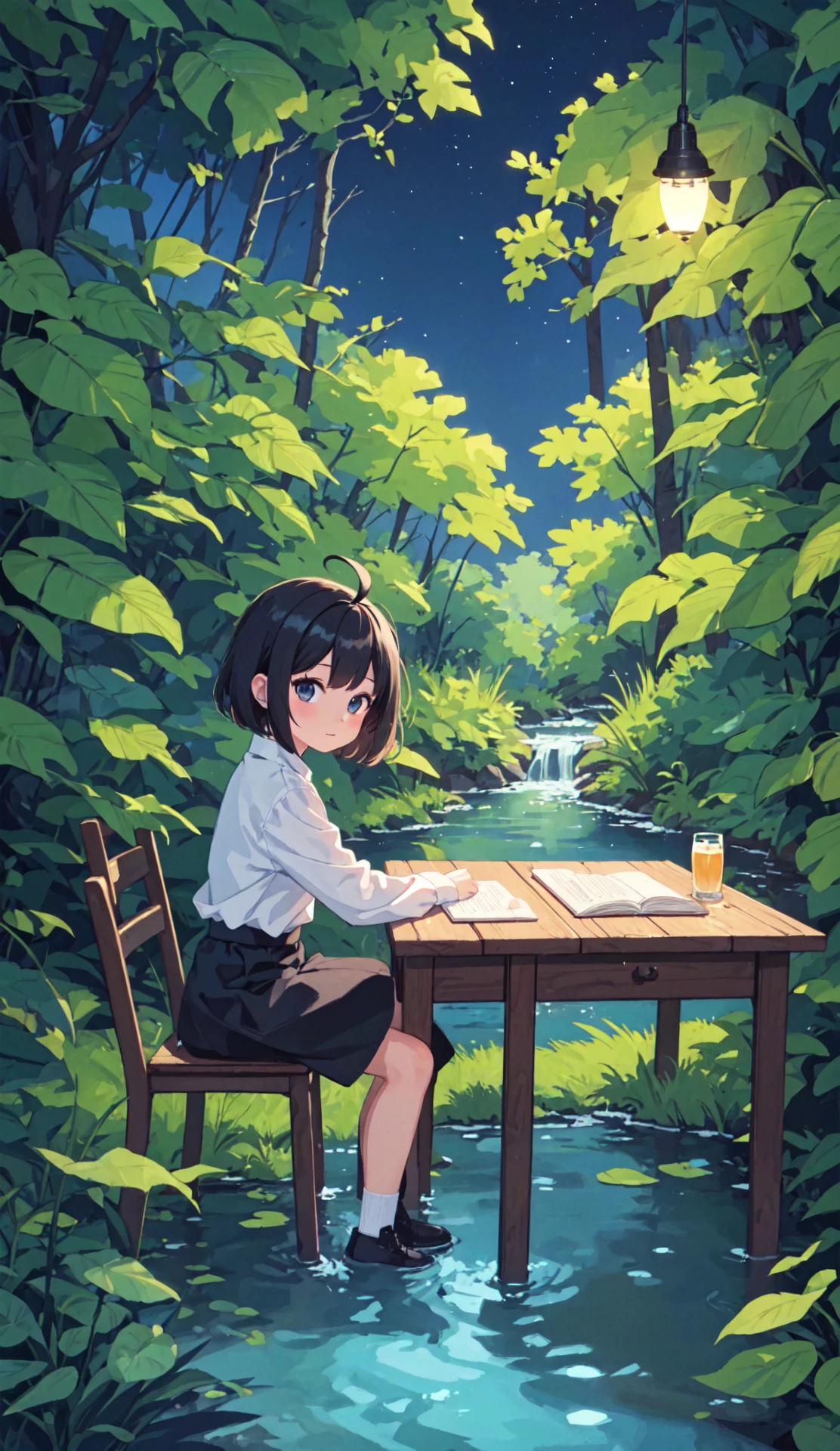 (masterpiece,best quality,highres,colorful),1girl,solo,(night,food,nature,forest,stream),short hair,ahoge,looking at viewer