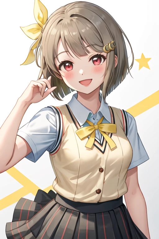 best quality, masterpiece, highres, solo, {nakasu_kasumi_loveliveschoolidolfestivalallstars:1.15}, short_hair, bangs, red_eyes, brown_hair, blush, smile, bob_cut, hair_ornament, bow, asymmetrical_hair, grey_hair, 1girl, collared_shirt, looking_at_viewer, nijigasaki_academy_school_uniform, school_uniform, shirt, short_sleeves, summer_uniform, sweater_vest, vest, white_shirt, light_brown_hair, open_mouth, plaid, plaid_skirt, pleated_skirt, ribbon, skirt, :d, bowtie, neck_ribbon, white_background, yellow_ribbon, breasts, yellow_vest