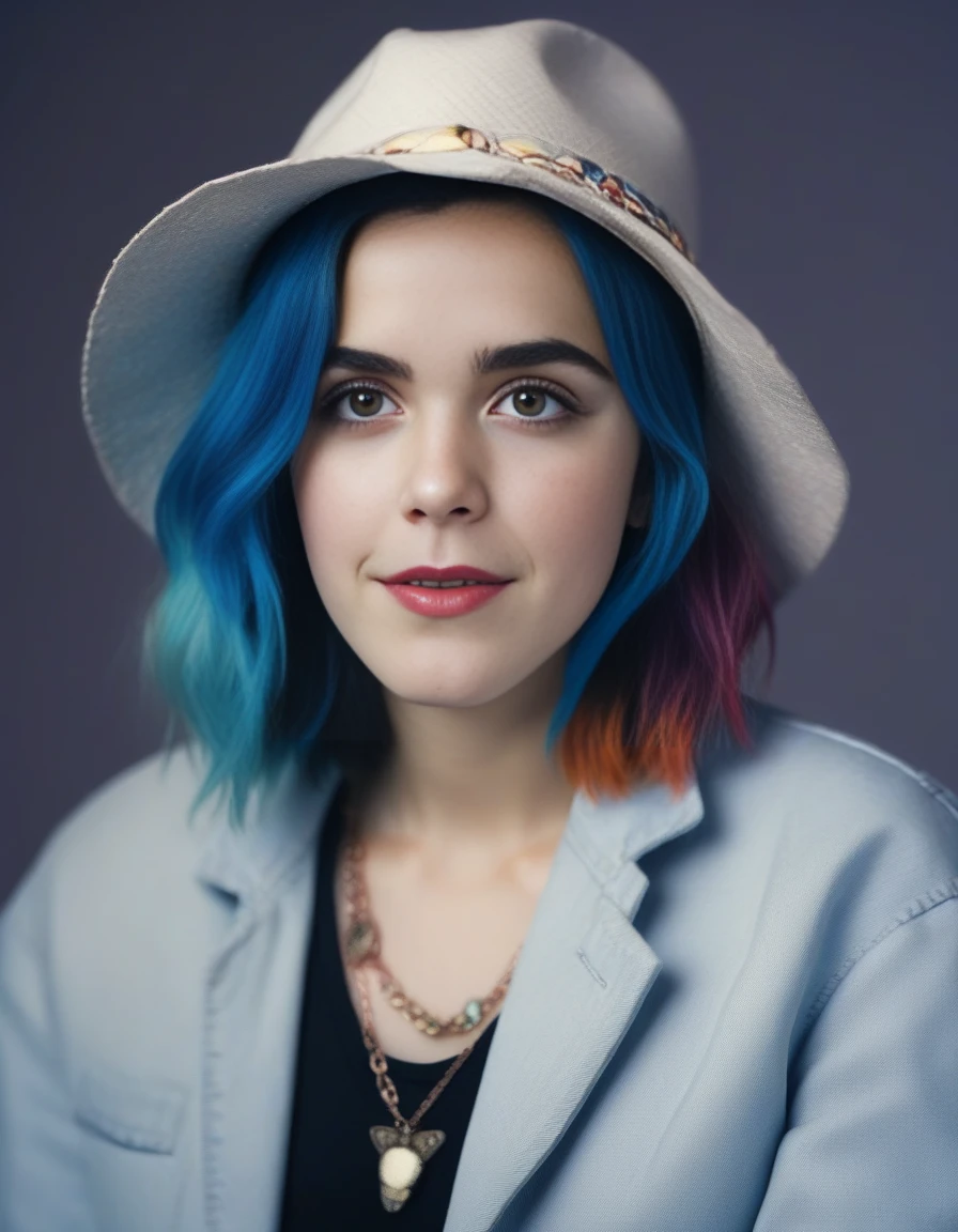 KiernanShipka,<lora:KiernanShipkaSDXL:1>, Realistic photo of a beautiful woman, 1girl, solo, long hair, hat, jewelry, blue hair, jacket, multicolored hair, necklace, bracelet, lips, realistic, fashion, soft lighting, professional Photography, Photorealistic, detailed, RAW, analog, sharp focus, 8k, HD, DSLR, high quality, Fujifilm XT3, film grain, award winning, masterpiece