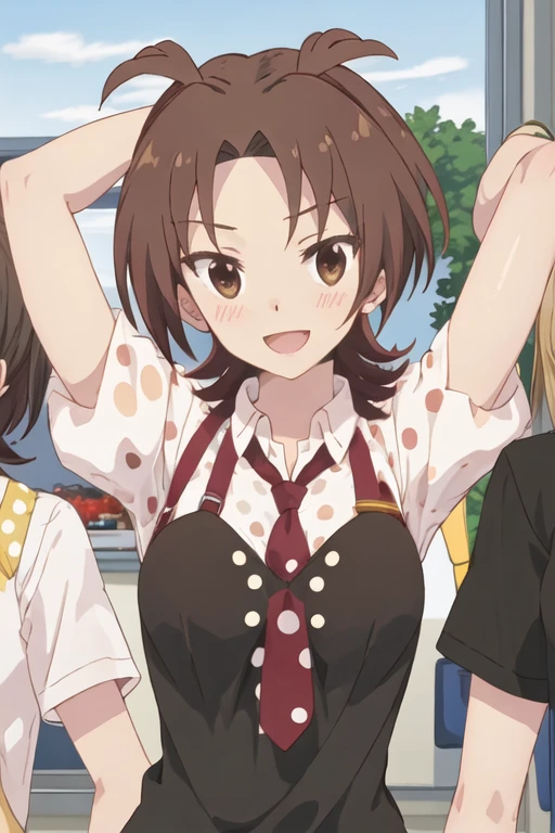 NSFW,((1 male and 1 female,have sex)),stick out your butt,show off your nipples,Yuuki eats, (brown eyes:1.7), brown hair, hair ornaments, ヘアScrunchie, long hair, ピンクのScrunchie, Scrunchie, (flat chest:1.2), pinafore,Break Green skirt, plaid, チェック柄のskirt, southwest college uniform, , yellow vest,skirt,(table top:1.2), highest quality, High resolution, unity 8k wallpaper, (figure:0.8), (detailed and beautiful eyes:1.6), highly detailed face, perfect lighting, Highly detailed CG, (perfect hands, perfect anatomy),smile with open mouth,High resolution,highest quality