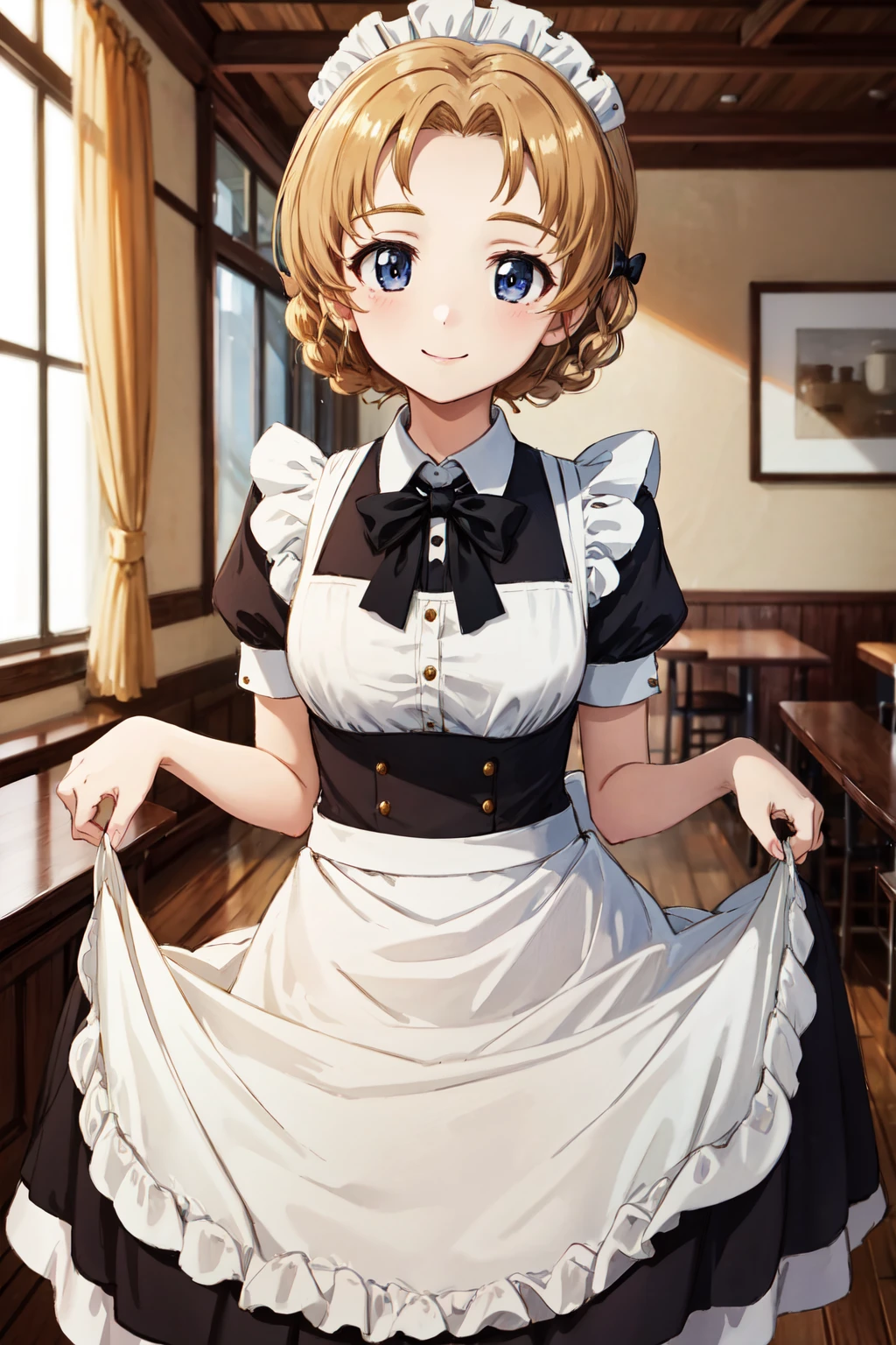 masterpiece,best quality,highres,ultra-detailed,aapekoe,short hair,braid,hair bow,black bow,parted bangs,<lora:orange_pekoe:0.7>,indoors,cafe,maid,maid headdress,apron,(skirt hold:1.2),standing,cowboy shot,smile,