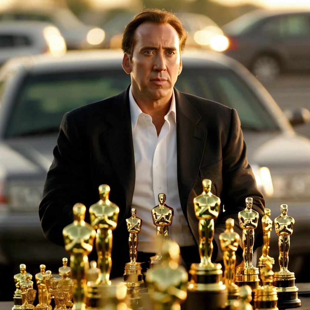 <lora:Nick Cage - SDXL - Trigger w Nickcage Person:1> nickcage person is holding a large number of Oscar trophies in his arms. He has so many it's difficult to carry them. dusk in a parking lot.