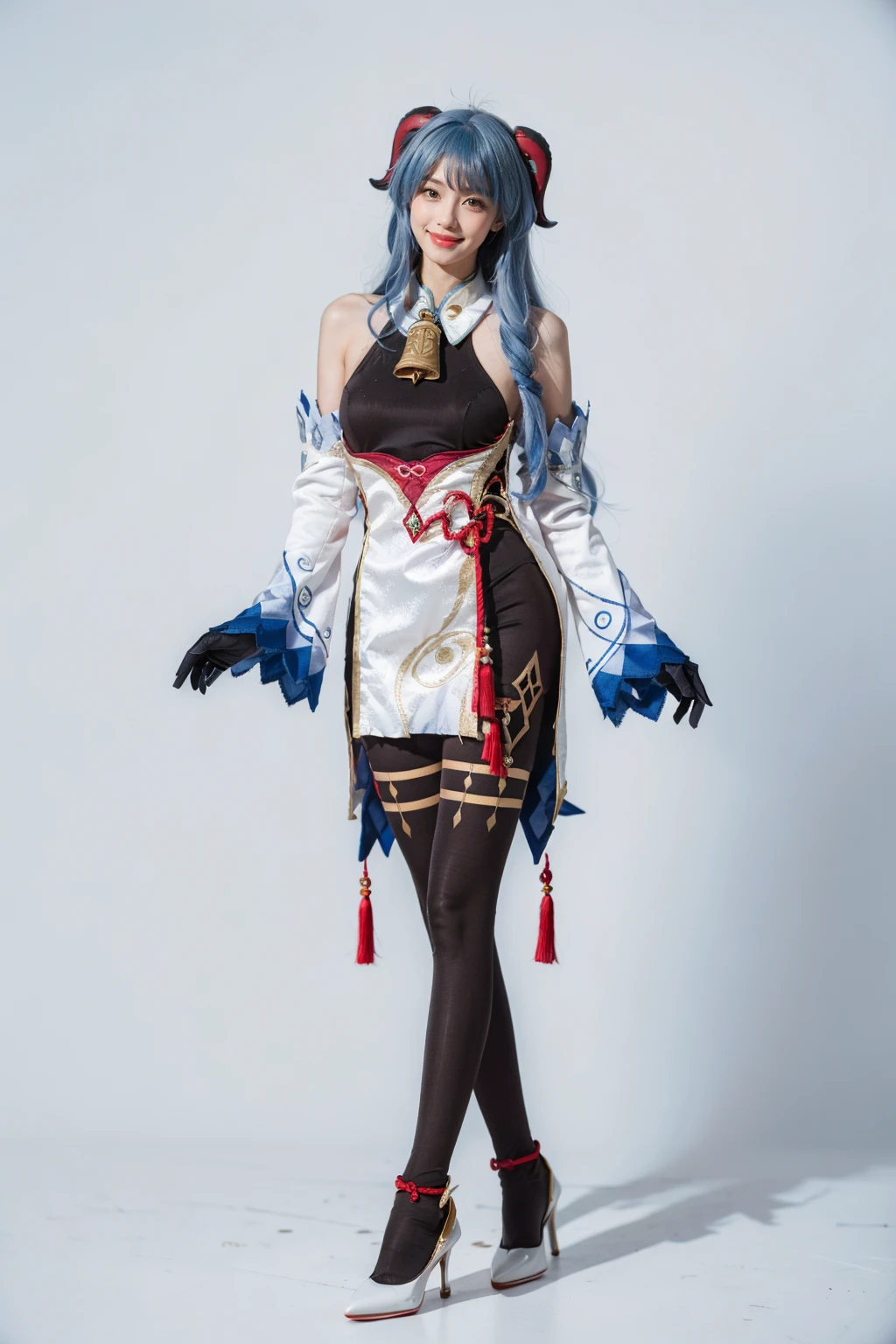 best quality, masterpiece, photorealistic, 1girl, solo, looking at viewer, smile, closed mouth, full body, standing, hand on hip, ganyu cosplay costume, cosplay, blue hair, long hair, horns, bangs, ahoge, sidelocks, tight, black bodysuit, body stocking, detached sleeves, gloves, neck bell, chinese knot, tassel,( white high heels:1.2), simple background, <lora:genshin_Ganyu_cosplay_v1:0.7>