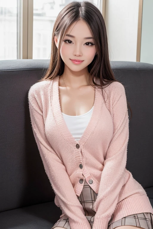 best quality, 4k, 8k, ultra highres, raw photo in hdr, sharp focus, intricate texture, skin imperfections, realistic, detailed facial features, highly detailed face, posing, sitting on a couch, arms behind back, eye makeup, smile, upper body, vietnamese women, pink cardigan, skirt