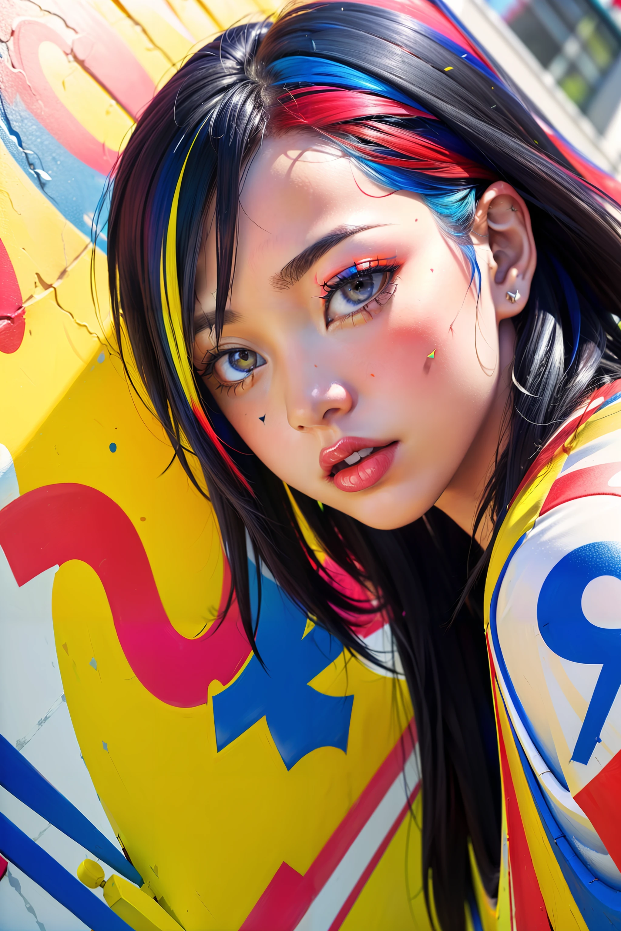 (masterpiece, best quality:1.1),
popart style,flat color,1girl,cute face,17yo,body paint,colorful,many ink,pwm suit,body graffiti,beautiful lighting,photographic portrait, sharp,Illustration by okama,