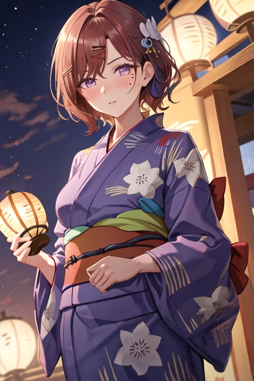 best quality, masterpiece, highres, solo, {yukata:1.40}, {kimono:1.20}, {higuchi_madoka_theidolmstershinycolors:1.15}, short_hair, brown_hair, mole, mole_under_eye, bangs, hair_ornament, hairclip, purple_eyes, blush, breasts