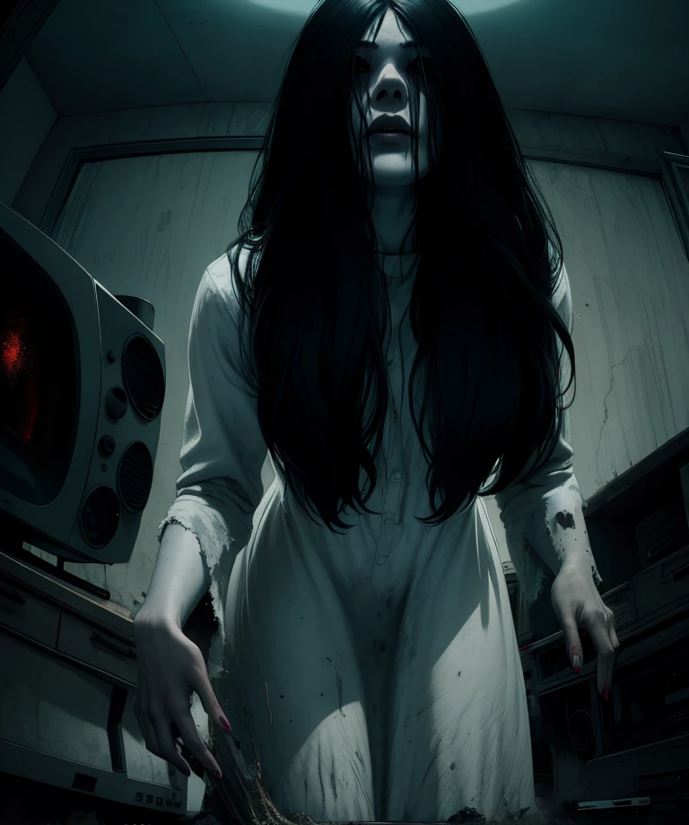 Sadako,long black hair,pale skin,black eyes,
dirty white dress,long sleeves,from below,looking_down,
standing,
crawling,
dark room,dim lighting,television,horror \(theme\),
(insanely detailed,masterpiece, best quality),solo,<lora:TheOnryoS-10DBDV8:0.8>,