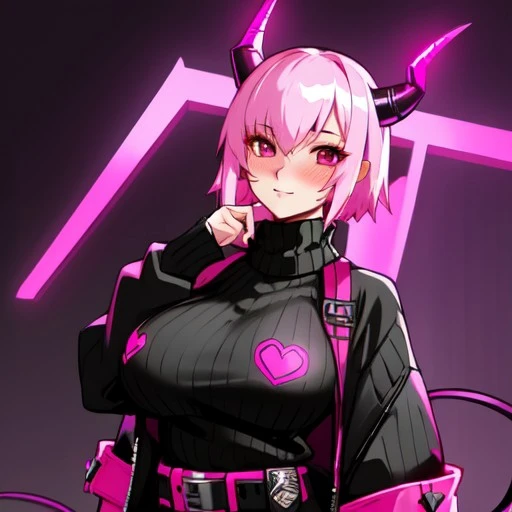 MotherV3, pink digital horns, massive breasts, blushing, high quality, black sweater pink tail with heart at the end of it, white short hair, cyberpunk markings on face, belts on the sweater