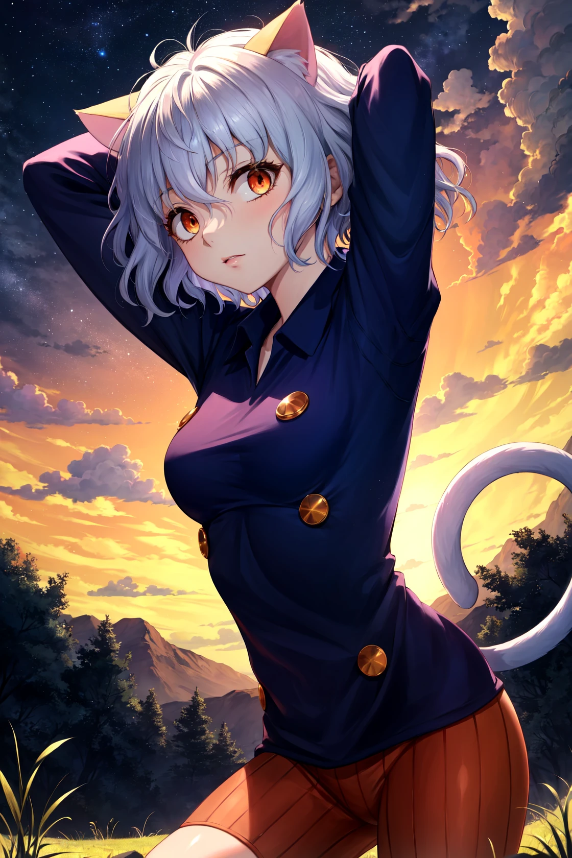 masterpiece, best quality, highres,
neferpitoudef, 1girl, solo, orange eyes, white hair, short hair, wavy hair, bangs, curly hair, animal ears, hair between eyes, breasts, medium breasts, cat girl, cat tail, tail, cat ears,
shirt, long sleeves, pantyhose, shorts, collared shirt, blue shirt, spoken question mark, joints, brown shorts, doll joints, orange shorts, other focus, hunter x hunter, neferpitou, hunter x hunter, neferpitou,
cowboy shot, looking at viewer, arms behind head, arms up, outdoors, forest, field, night, sky, night sky, star \(sky\), starry sky, <lora:LoRA_Neferpitou:1>