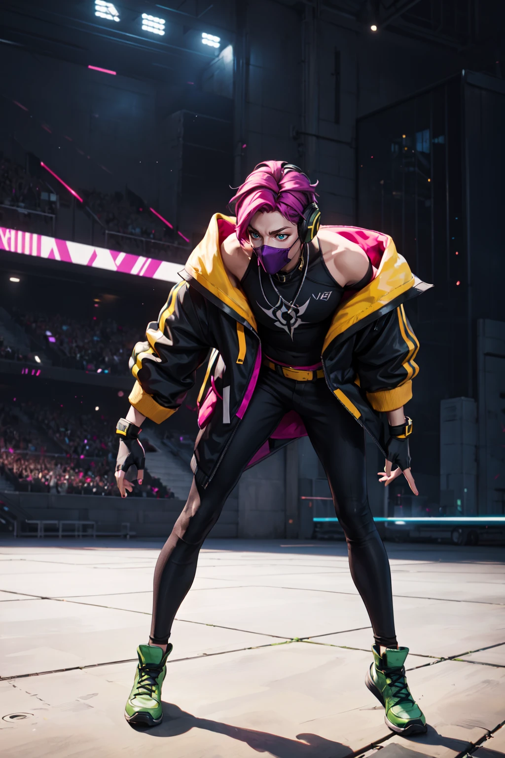 dsksks h34rtst33l, masterpiece, official art, absurdres, solo, short hair, gloves, 1boy, jacket, full body, pink hair, purple hair, male focus, shoes, black gloves, belt, pants, fingerless gloves, off shoulder, leaning forward, mask, headphones, black pants, mouth mask, covered mouth, green footwear, indoors, arena background, League of Legends, <lora:Heartsteel_Style-05:0.6>