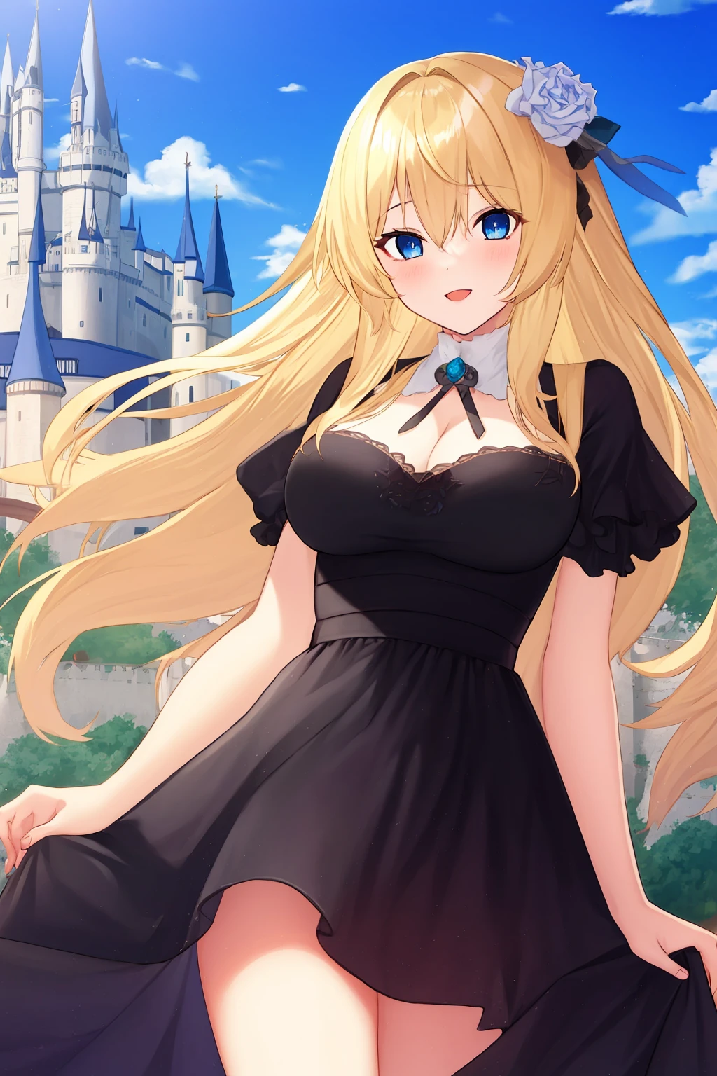 masterpiece, 1girl, black dress, blonde hair, blue eyes, castle