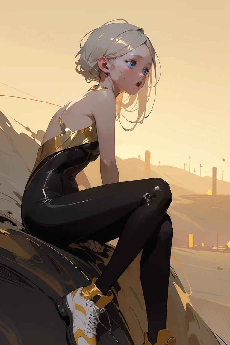 1girl, solo, gray hair, Straight Blunt Cut, ice blue eyes, looking down, sitting, crossed legs, cowboy shot, [from side], small breasts, 
gold theme, masterpiece, best quality, desert, town, plateau, sandstorm, :o, shiny skin, retro clothing, Striped bodysuit with stirrup leggings and white Reebok sneakers, <lora:vibrant_1.5_0.1-000020:0.8>