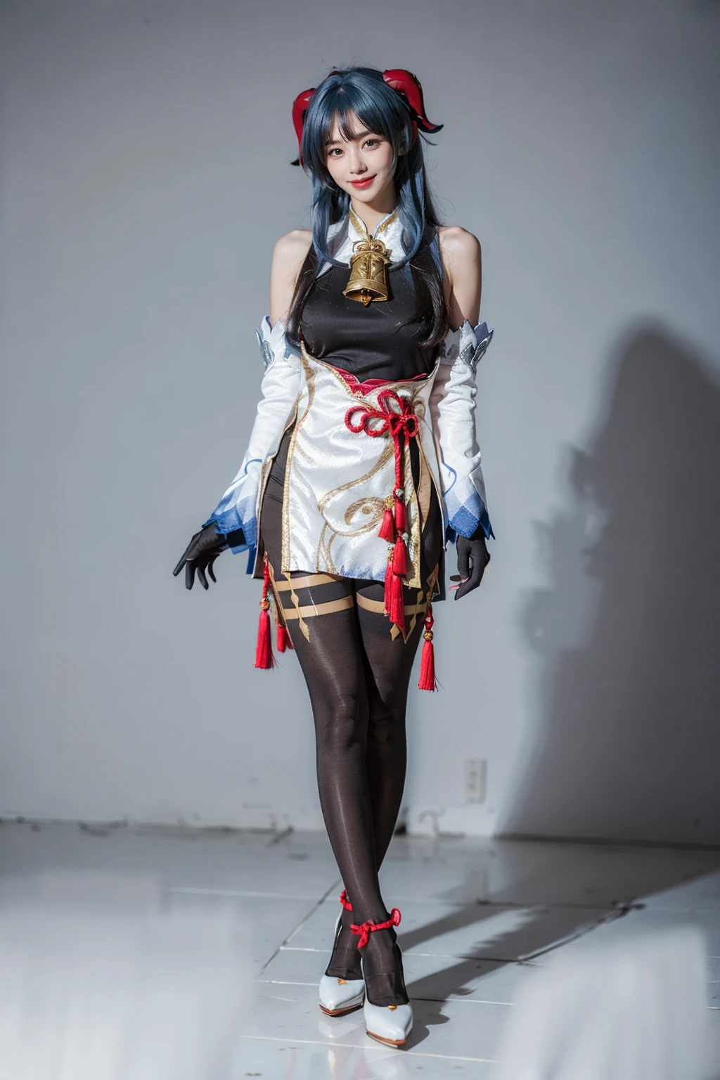 best quality, masterpiece, photorealistic, 1girl, solo, looking at viewer, smile, closed mouth, full body, standing, arms at side, ganyu cosplay costume, cosplay, blue hair, long hair, horns, bangs, ahoge, sidelocks, tight, black bodysuit, body stocking, detached sleeves, gloves, neck bell, chinese knot, tassel,( white high heels:1.2), simple background, <lora:genshin_Ganyu_cosplay_v1:0.7>