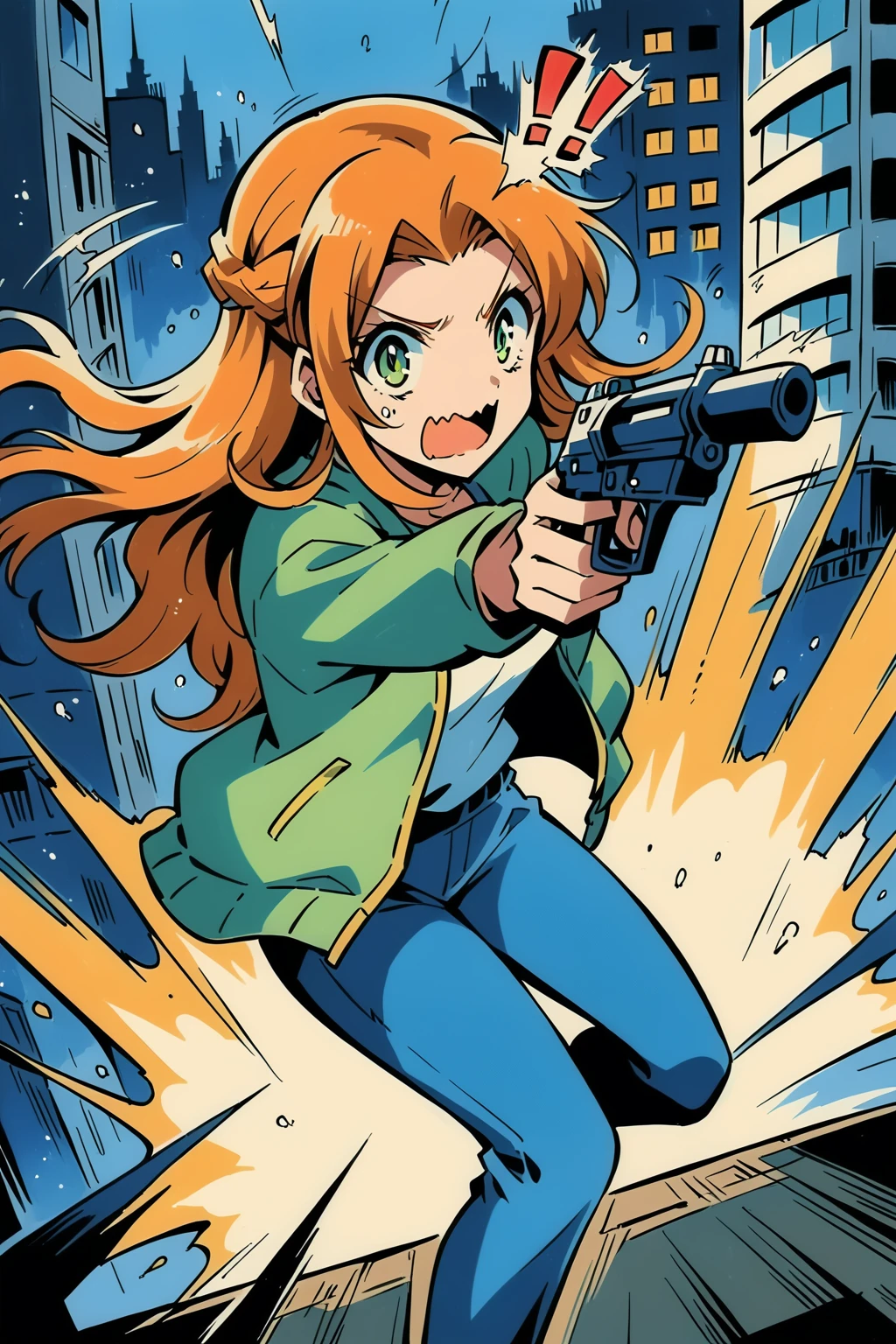 (Masterpiece),  (highres),  8k,  (traditional media:1.2),  manga,  digital illustration,  2d,  retro artstyle,  (ultra-detailed full body shot of a woman aiming gun at viewer,  blast,  !,  anime visual,  (cinematic),  atmosphere,  city,  (motion blur:1.3),  open mouth,  scared,  wavy mouth,  shirt,  jacket,  pants,  jewelry,  half updo,  wavy hair. very long hair,  colorful,  extremely detailed,  detailed face,  detailed eyes,  lipstick,  orange hair,  green eyes,  (hyper-detailed),  smile,  looking at viewer,  cowboy shot,  fully clothed,  (8k resolution), c1el, sugar_rune, N1njaScroll, more detail XL,<lora:EMS-266518-EMS:0.500000>,<lora:EMS-85813-EMS:0.400000>,<lora:EMS-61413-EMS:0.200000>