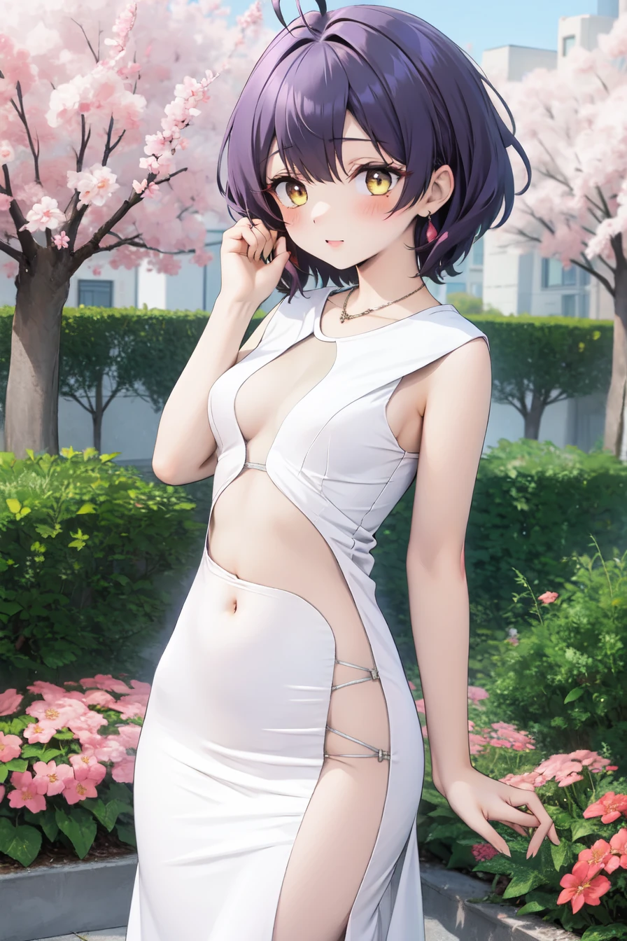 masterpiece,best quality,highres,ultra-detailed,cowboy_shot,solo,1girl,medium_breasts,straight_long_hair,standing,outdoors,garden,cherry blossom,trees,middle_see_through_dress,dress,see-through,navel,center opening,<lora:middle_see_through_dress:1>,utena hiiragi, short hair, (yellow eyes:1.3), purple hair, ahoge, hair intakes, <lora:Character_æ§æ¬æçºéæ³å°å¥³-æèç·¹å¨_女主:0.7>