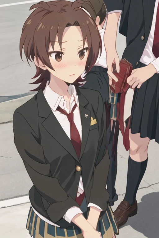 best quality, masterpiece, highres, solo, {yuzu_iizuka_sakuratrick:1.15}, brown_hair, blush, brown_eyes, short_hair, necktie, 1boy, male_focus, school_uniform