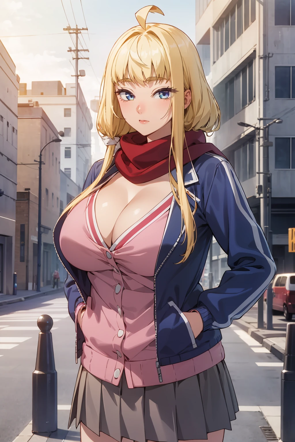 Minami_Fuyuki, 1girl, ahoge, solo, blonde hair,  looking at viewer,
pink cardigan, cleavage, blue jacket, open jacket, red scarf,  pleated skirt, grey skirt, city background, outdoors,hands in hip, sky,
(highres:1.2),(ultra-detailed:1.2),[high dynamic range lighting],(masterpiece:1.3), (best quality),highly quality, intricate details,(extremely detailed CG unity 8k wallpaper:1.2),best shadow,(extremely detailed fine touch:1.2), (high resolution), (8K), (extremely detailed), (4k), (pixiv), perfect face, nice eyes and face, (super detailed), detailed face and eyes, textured skin, absurdres, highres,deep skin,skindentation,
<lora:Minami_Fuyuki:0.7>