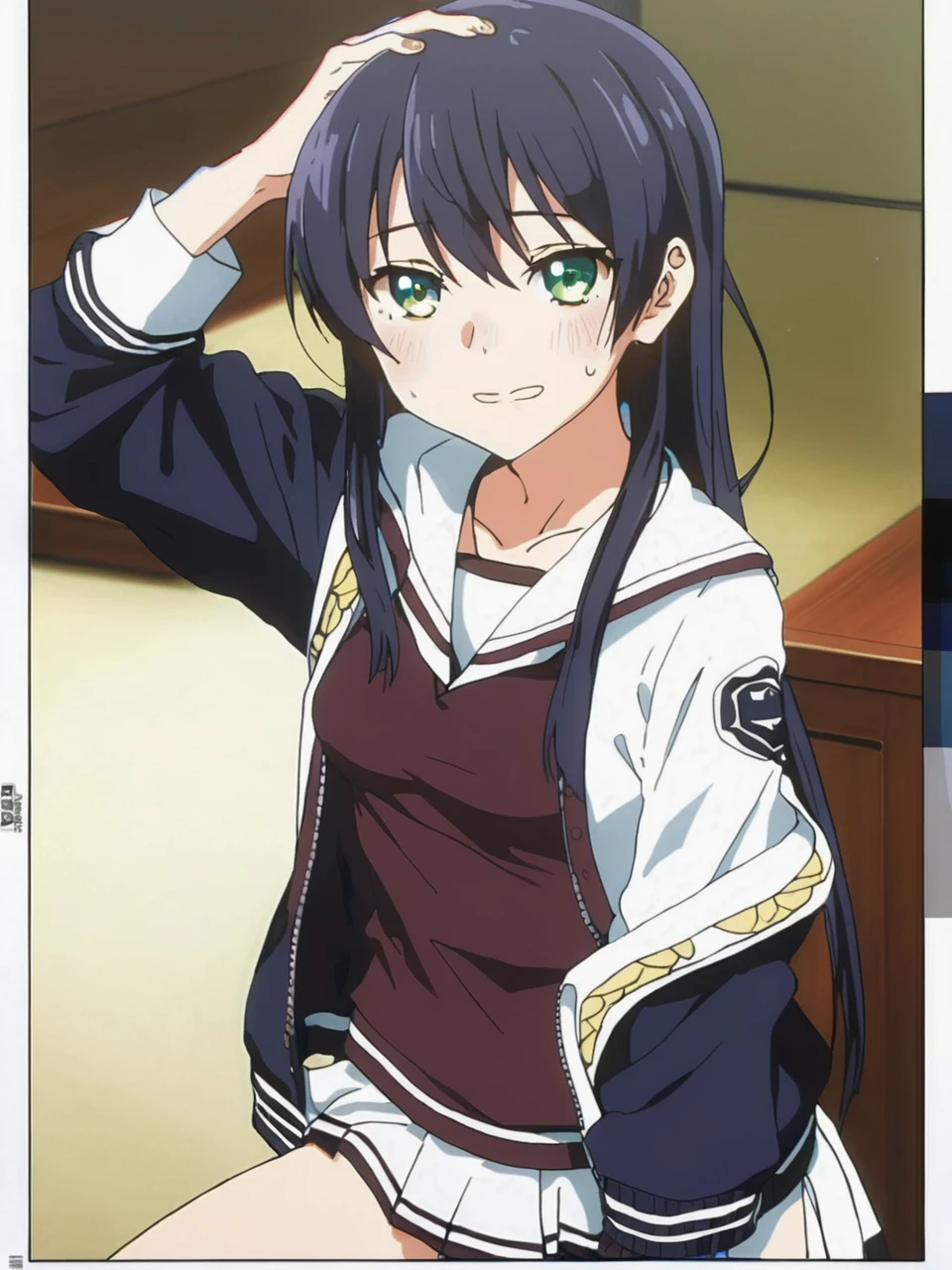 akiko takase, 1girl, solo, long hair, small breasts, looking at viewer, smug, bangs,letterman jacket , seiza, scullery